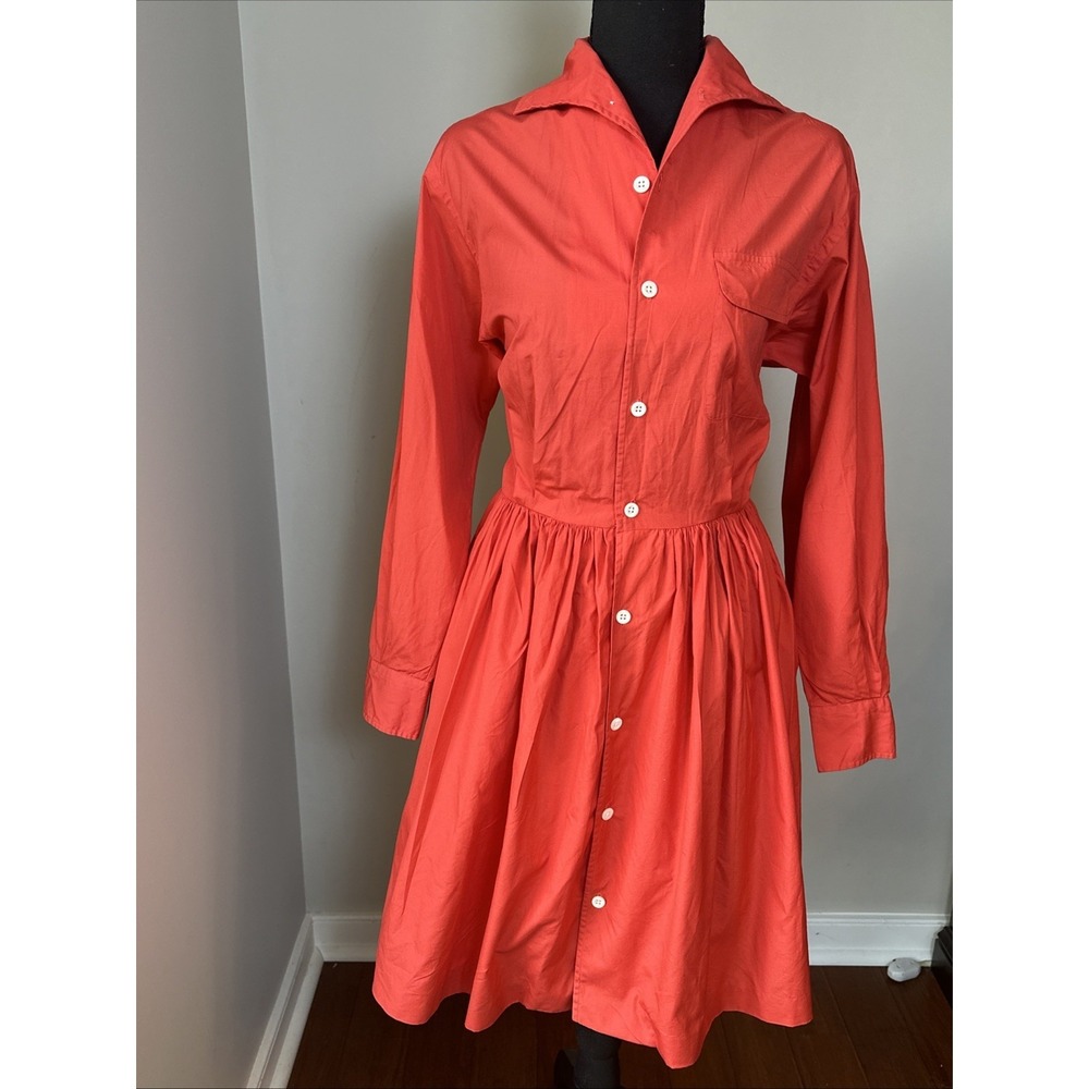 Vintage Ralph Lauren Red Orange Cotton Shirt Dress Drop Waist Pocket Womens 6